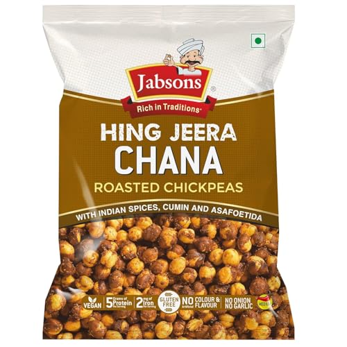 Jabsons Roasted Chana Hing Jeera Flavour - 150gm With No Onion & Garlic | Desi Roasted Namkeen Snacks| Gluten-Free Crunchy Protein Snack | Heeng Jeera Bhuna Chana - Ready to Eat