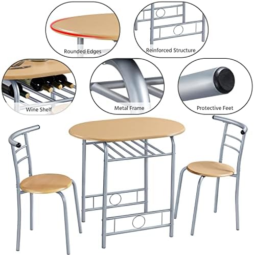 Yaheetech 3 Piece Compact Dining Room Set, Dining Table & Chairs Set for 2, Kitchen Table Set with Metal Legs and Shelf, Built-in Wine Rack for Small Space/Apartments/Dorm Room, Natural, 80x53x75.5cm