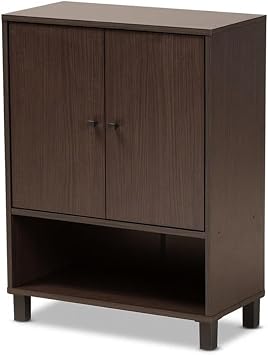BOWERY HILL Dark Brown Finished Wood 2-Door Shoe Cabinet, 32.1" H x 23.6" W x 11.8" D, 4 Shelves for 8 Pairs, Lower Open Shelf, Ventilated Back, Black Polymer Legs, Entryway Shoe Storage Organizer