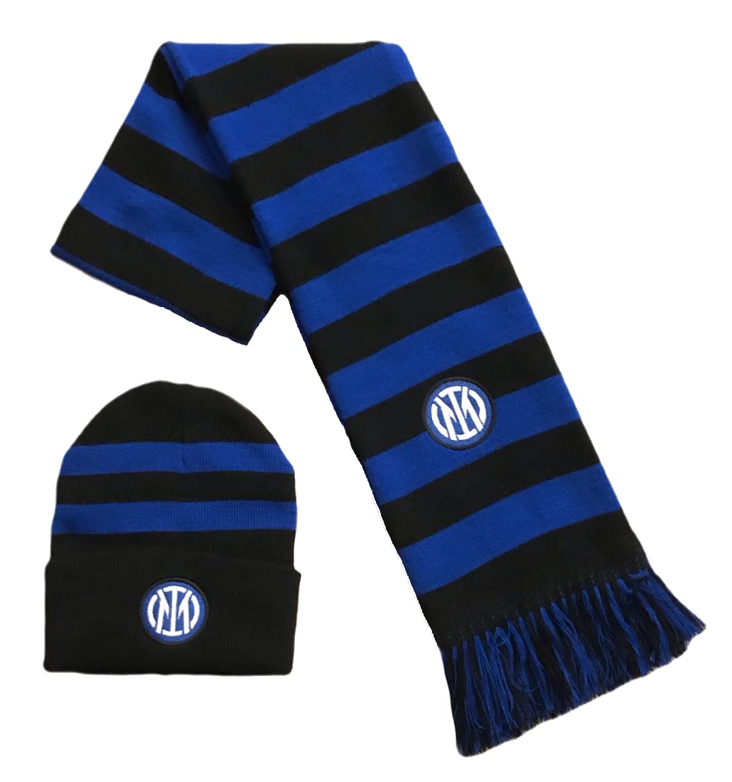 Set INTER Sciarpa + Cuffia Ufficiale Logo Nuovo 2021 Kit F.C. Internazionale Ricamato Invernale Tubolare Berretto Cappello Cappellino in acrilico SETINTSTCNS
