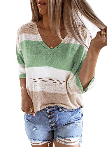 Dokotoo Womens Fashion Cute Summer Fall V Neck Color Block Striped Bell 3/4 Sleeve Oversized Casual Lightweight Comfy Cozy Cashwere Cable Knit Beach Pullover Long Tunic Sweaters Tops Shirts XL