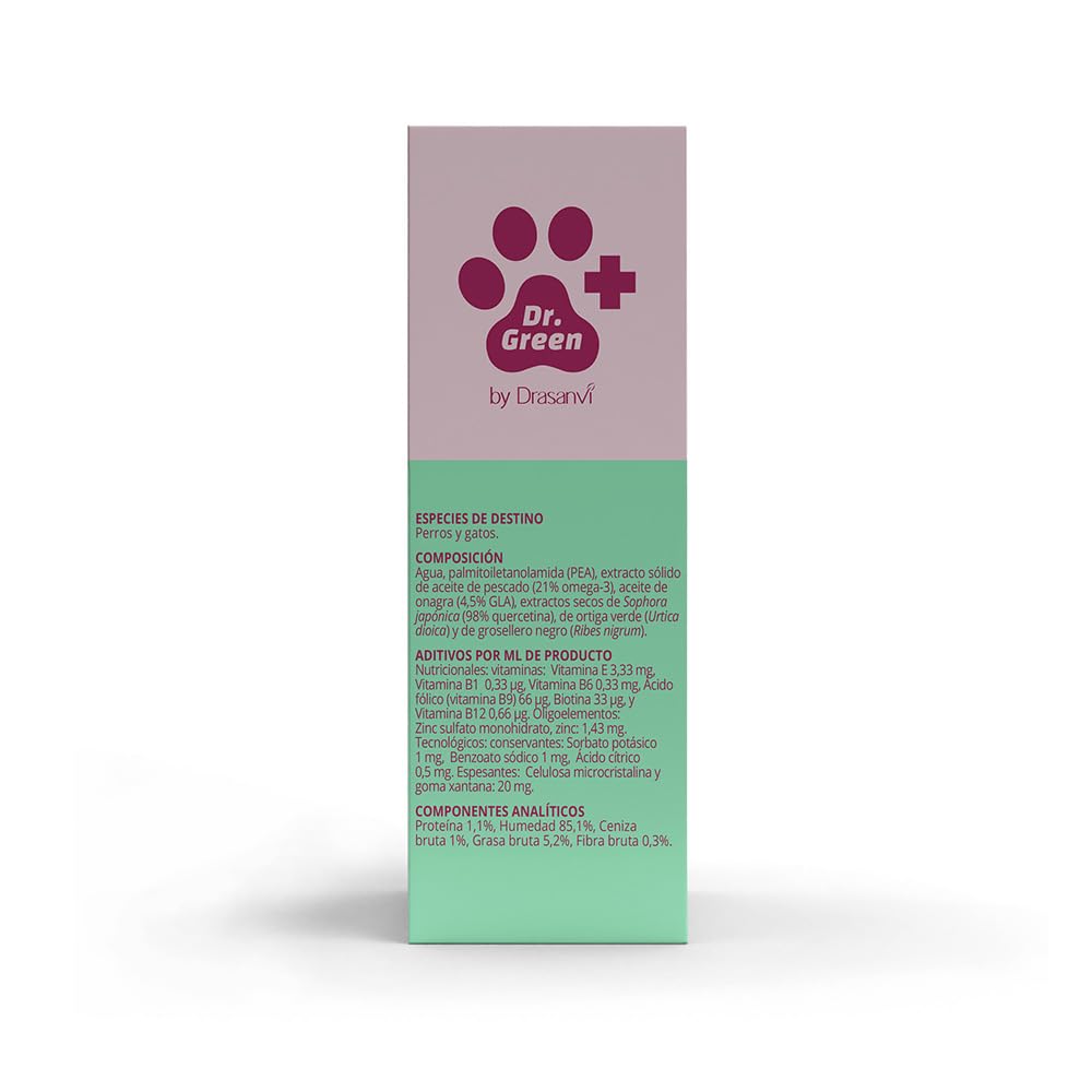 Drasanvi AlerGreen para Perros y Gatos | Solución Oral 250 ml Natural para Alergias, Picor e Inflamación | Omega 3 y 6 Quercetina y PEA | Cuidado Especial de la Piel Sensible con Jeringa Dosificadora