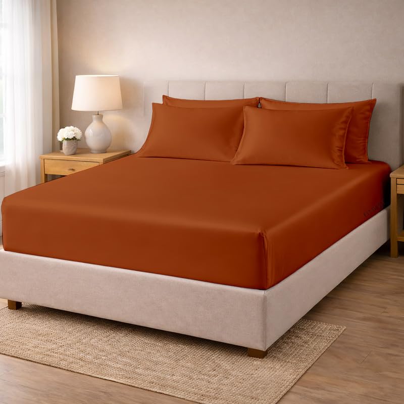 Image of Filbert - Premium Satin Fitted Bedsheet Queen Size (60x78 Inch) with 2 Pillow Covers | Hypoallergenic Breathable | Hair and Skin Friendly, Women Gift Choice|Copper