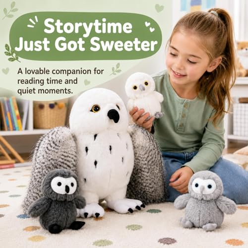 Image of Owl Stuffed Animal with 3 Babies,18 inch Snowy Owl Plush, White