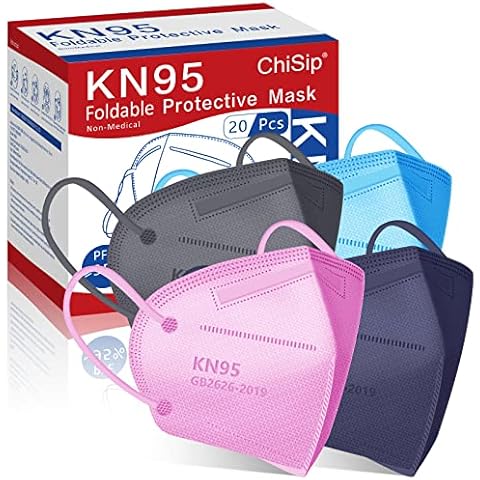 ChiSip KN95 Face Mask 20Pcs, 5 Layer Design Cup Dust Safety Masks, Breathable Protection Masks Against PM2.5 Dust Bulk for Adult, Men, Women, Indoor, Outdoor Use, Colorful Cover