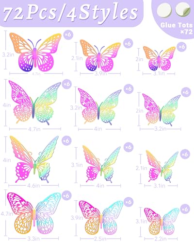 Image of 72Pcs 3D Butterfly Wall Decor, Pinkpurple Butterfly Decorations, 4 Styles 3 Sizes Removable Butterflies Wall Stickers Room Decor for Birthday Party Kids Bedroom Cake Nursery Room Decor