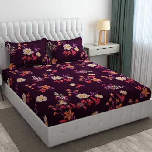Image of KAWI Cotton Blend Elastic Fitted Bedsheet Queen Size Double Bed (78 inchX 72 inch) - Purple Floral Print
