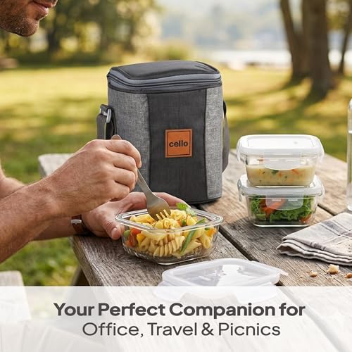 Image of CELLO Glassy Square Lunch Box Set of 3 Pcs (320ml x 3) with Jacket For Office, Transparent | Microwave Safe Leadfree Toughened Glass, Airtight Leakproof Adjustable Carry Strap Tiffin Box For Daily Use