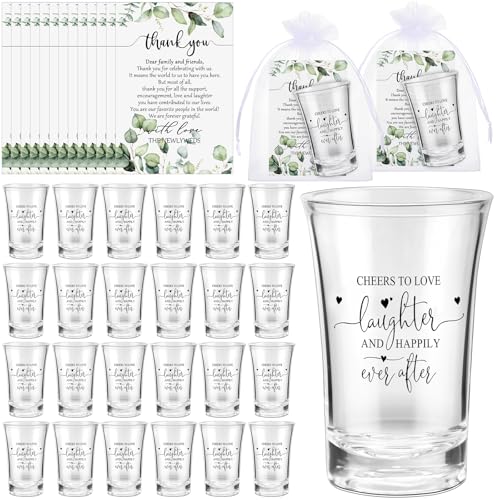 Uiifan 50 Sets Wedding Favors for Guests Wedding Shot Glasses Acrylic Clear Plastic Shot Glasses with Thank You Cards Gift for Guest Newlyweds Bridal Shower Supplies(Laughter and Happily)