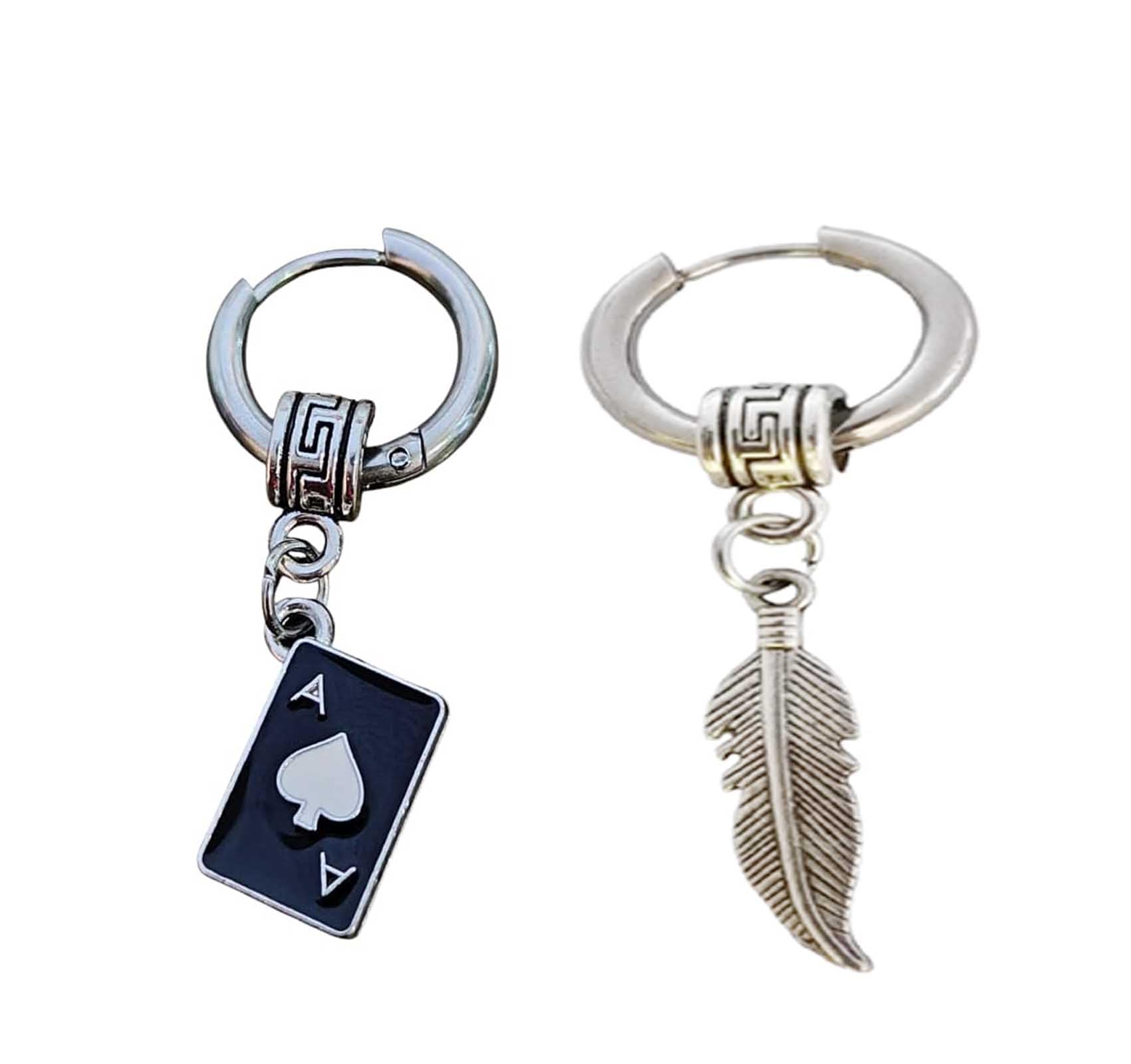 Vintage Style Hoop Earrings Set, Silver-Tone Metal with Ace Card and Leaf Charms, 2 Pieces-image-41
