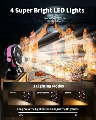 Image of coldSky 𝟮𝟬𝟬𝟬𝟬𝗺𝗔𝗵 Camping Fan with Dual Motor, Battery Operated Fan with 4 LED Lantern, 8 Speeds Desk Fan with Remote, Portable Outdoor Fan with Hook for Tent, Power Outages, Jobsite (Pink)
