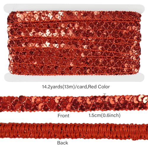 Qililandiy 13 Meter Einfassborte Spitze Pailletten Borte Band Fransen Borten Applikation 1.5cm X 13m für DIY Kleidung Gardine Vorhang Tischläufer Deko (Rot)