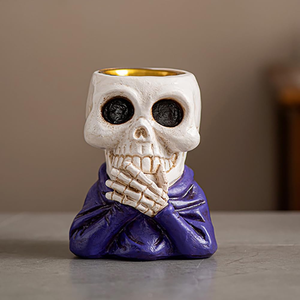 Resin Skull Incense Burner Holder, Creative Skeleton Statue Aromatherapy Ornament for Goth Halloween Decoration (A)