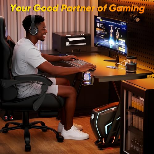 Image of Czlolo 47 Inch Gaming Desk with Power Outlets, L-Shape Leg Computer Desk, Gamer Desk for Small Space, Wtih Cup Holder, Headphone Stand, USB＆ Tpye-C Ports, Carbon Fiber Surface, Black