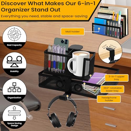 6-in-1 Under Desk Drawer Organizer with Clip On Cup Holder, Easy to Install Standing Desk Drawer Attachment, Space-Saving Clamp Organizer for Home & Office - Image 4