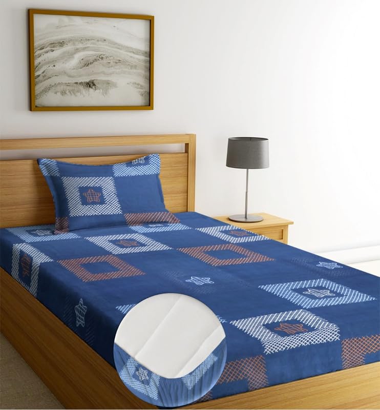 Image of NEW LEAF Pure Cotton Floral All Round Elastic Fitted Bedsheets With 1 Pillow Cover Single Mattress Bed Breathable Longlasting Supersoft Size 36 X 72 + 6 Inches(Color -Beige & Grey) 220 TC Smallsingle