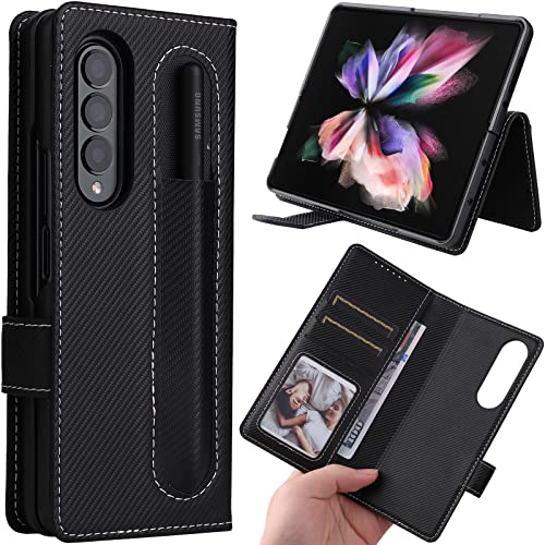 Miimall Compatible Samsung Galaxy Z Fold 3 Wallet Case with Pen Holder, Premium PU+PC Wallet Holster with Card Slots All-Inclusive Leather Cover Case for Samsung Galaxy Z Fold 3 5G 2021(Black)