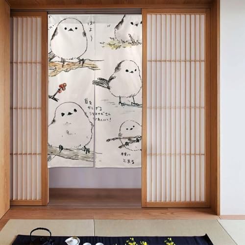 ドアカーテン のれん カーテン シマエナガ かわいい 鳥 雪 暖簾 シェードカーテンン 部屋仕切り 目隠し 玄関 キッチン 間仕切り 断熱 リビング 遮光 厚手 階段 おしゃれ 飲食店 四季兼用 出入り口 飾り 壁掛け 86x143cm