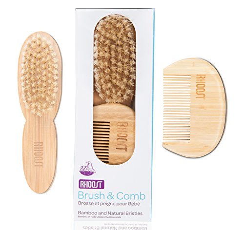 Rhoost Natural Bamboo Wooden Hair Brush and Comb Set. Suitable for Newborns, Infant & Toddlers. Soft Gentle Bristles for Cradle Cap
