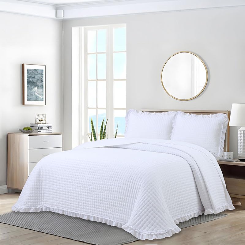 Rufino Díaz Colcha Bordada Lavada Volante y Vainica + Funda de Cojín (Blanco - 90 cm) - para una sensación acogedora y de Confort - Tejido Suave, Agradable y Resistente