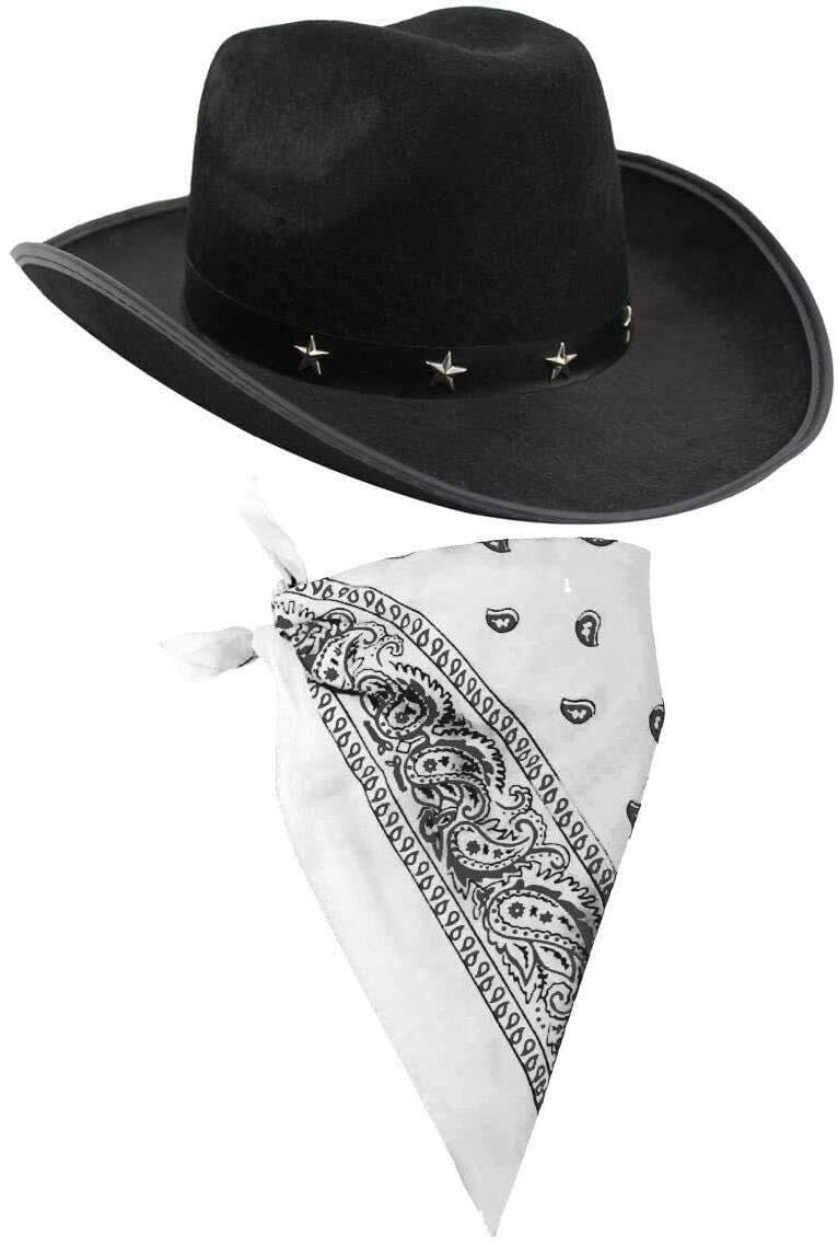 I LOVE FANCY DRESS Cowboy Hat & Cowboy Neckscarf Accessories. Black Star-studded Cowboy Hat & White Bandana. Wild West Western Sheriff. Pack of: 24 | Bandana Colour: White