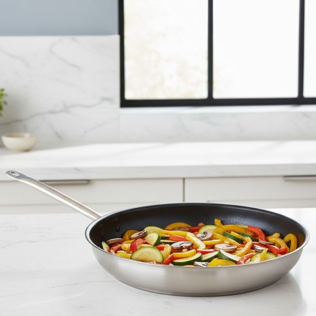 Soro Essentials- 14” Stainless Steel Non Stick Restaurant Frying Pan with Helper Handle- Non Stick Coated Fry Pan Skillet Egg Pan Omelet Pan for Searing Sautéing Induction Ready Kitchen Restaurant