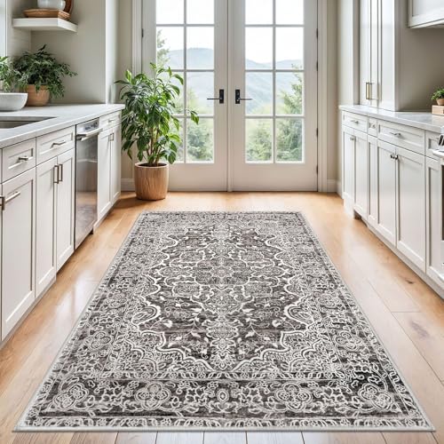 KUTA Vintage Area Rug 4x6 Living Room, Washable Rugs Distressed Tribal Tan Grey, Non-Slip Dining Room Carpet, Soft Low Pile Printed Cozy Small Area Throw for Bedroom, Nursery