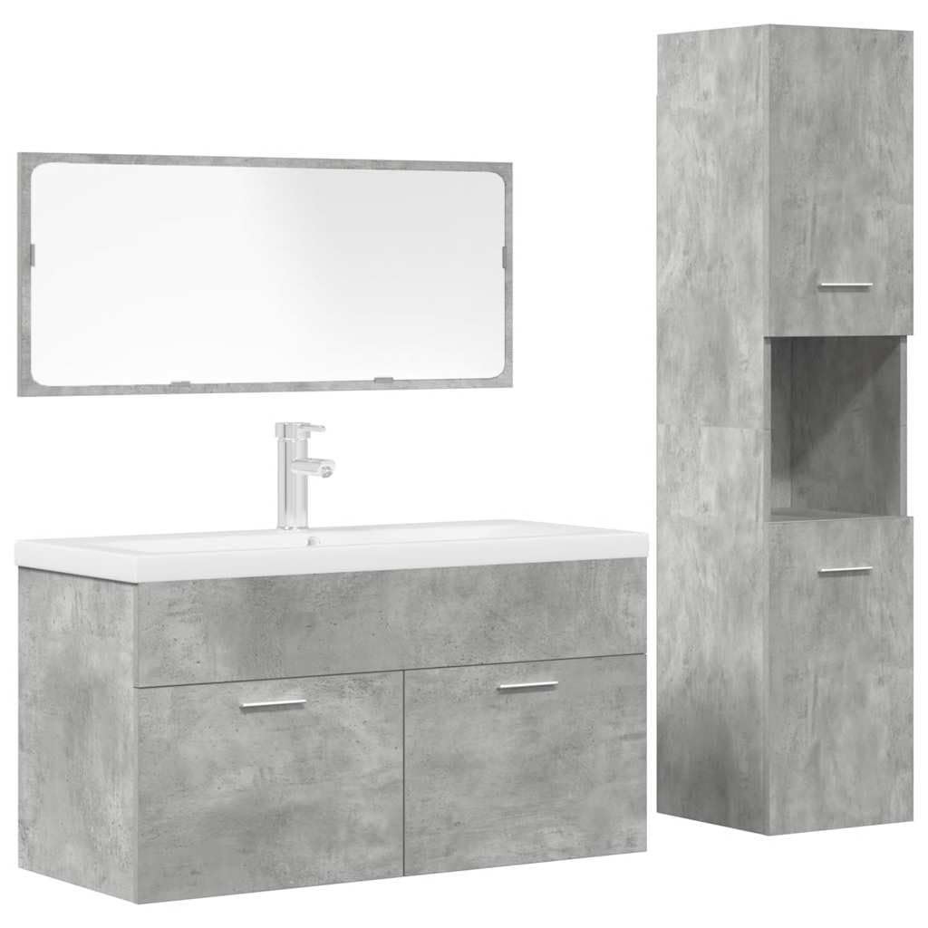 Juego de 4 muebles de baño, color gris hormigón, de madera, con lavabo, espejo, armario alto, armario colgante, montaje en pared, espacio para cuarto de baño, invitados, inodoro