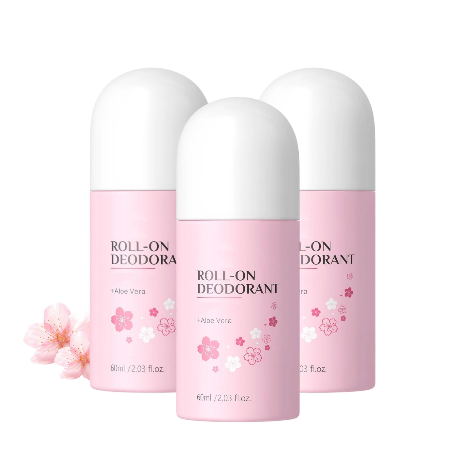 Roll-On Deodorant for Women & Men, Kirschblüten Duft, 60ml, sanfte Formel mit Aloe Vera, nicht klebend, langanhaltender Frischeduft, für Achseln & Körper，3pc