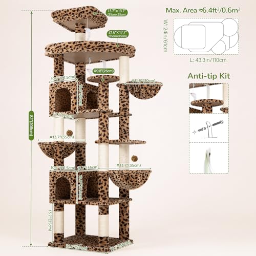 Image of Globlazer Extra Large Leopard Cat Tree 82in Tall Heavy Duty Cat Tree for Indoor Cats Large Adult Big Cat Tower with 8 Scratching Posts, 2 Condos, 2 Padded Perches, 3 Baskets, S82, Leopard Print