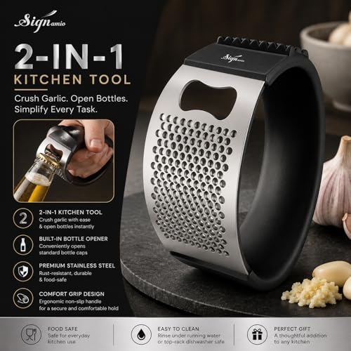 Image of Signamio Garlic Peeler Tool - Versatile Garlic Crusher Mini Hand Press Chopper for Effortless Garlic Preparation, Durable and Easy to Clean Kitchen Essential - Black