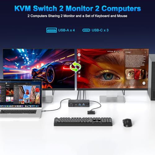 Image of USB C HDMI KVM Switch 2 Monitors for 1 Laptop and 1 Desktop 4K@60Hz, Dual Monitor KVM Switch,Docking Station KVM Switches with 4 USB 3.0 Port, 100W PD Charging, Wired Remote and USB Cable Included