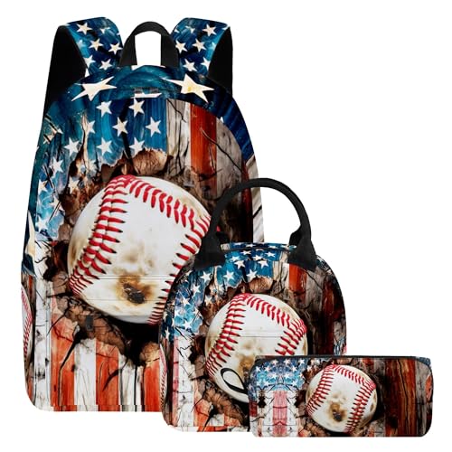 Scovotec 3PCS Backpack for Girls Boys Teens Flag Baseball Back to School Backpack with Lunch Box Pencil Case 17 Inch Lightweight Students Backpack 3 in 1 Set for Elementary Middle High School