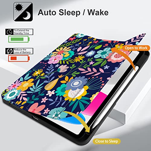 Dongke Case For Ipad 10Th Generation 10.9 Inch 2022, Trifold Stand + Pencil Holder + Auto Wake/Sleep + Soft Tpu Protective Stand Back Cover, Florals #TOP4