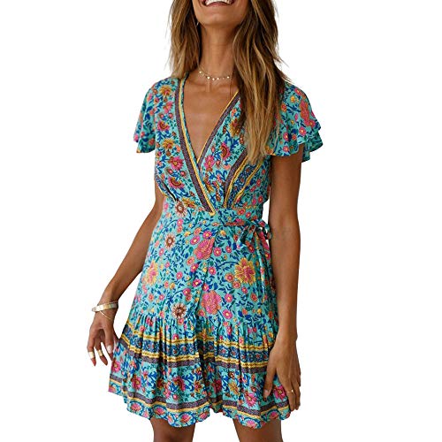 ZOCAVIA Women's Summer Bohemian Floral Printed Wrap V Neck Beach Party Ruffle Midi Dress Green XL