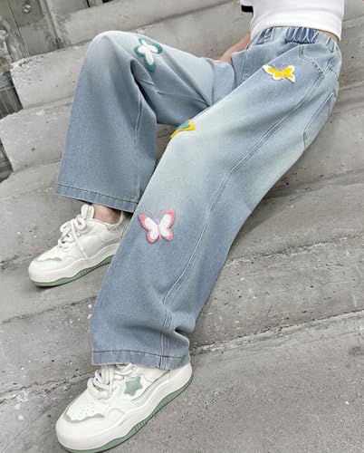 Girl’s Baggy Cute Jeans Elastic Waist Y2K Butterfly Embroidered Wide Leg Pull On Denim Pants for Kids4