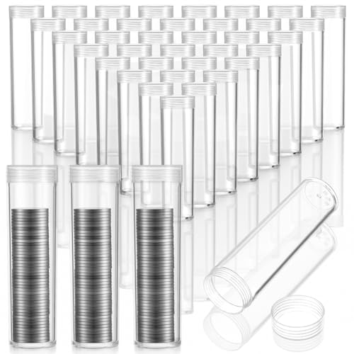 50 Pcs Quarter Tubes for Coins 5 x 1 Inch Clear Plastic Quarter Storage Tubes with Screw Lid Containers for Coins Collection Supplies
