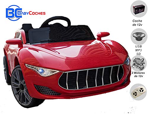 BC BABY COCHES 12V Coche eléctrico para niños Sport con Mando teledirigido Remoto. Coche de batería de 12v, con Doble Motor, Apertura de Puertas y Equipo de Sonido. (Rojo)