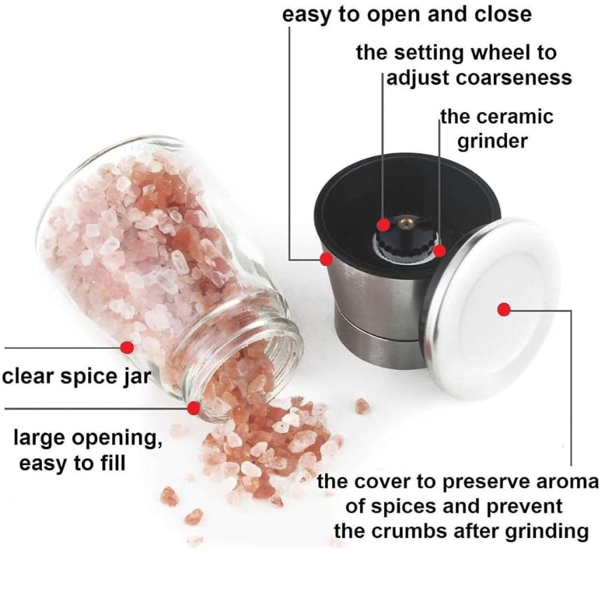 Image of Pepper Mill Glass Grinder Shaker - Stainless Steel Salt and Pepper Crusher, Refillable Tall Glass Salt and Pepper 5 Grinder Level with Ceramic Blades, Adjustable Coarseness (Pack of 1)