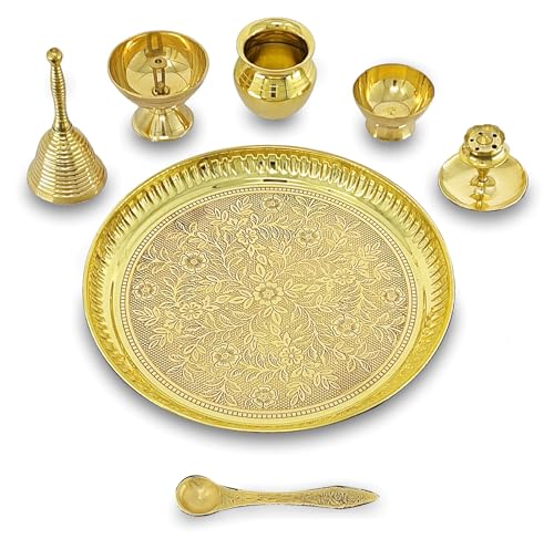 Image of BENGALEN Brass Pooja Thali Set 8 Inch Puja Thali with Pital Plate Kalash Piyali Diya Ghanti Dhup Dan Chandan Wati Palli Arti Thali for Diwali Home Office Mandir Wedding Return Gift Items
