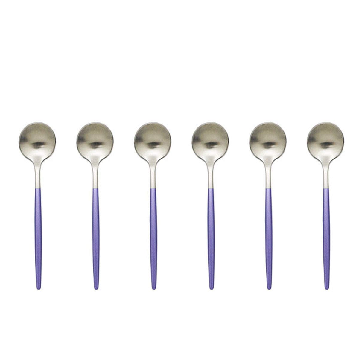 BRIIEC Stainless Steel 18/10 Demitass Espresso Teaspoons, Set of 6,Matte Finished, Dishwasher Safe. (Purple Silver Espresso Spoons)