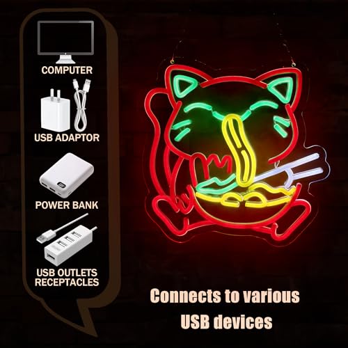 Image of Ramen Neon Sign Ramen Cat LED Light Wall Decor for Living Room, Dining Room, Ramen Shop - Unique Gift for Cat Lovers, Ramen Lovers 12.8 * 16.6 Inch