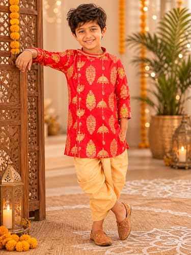 Image of superminis Boy's Golden Foil Printed Side Open Cotton Kurta, Round Collar, Full Sleeves Ethnic Wear Dhoti Kurta Set