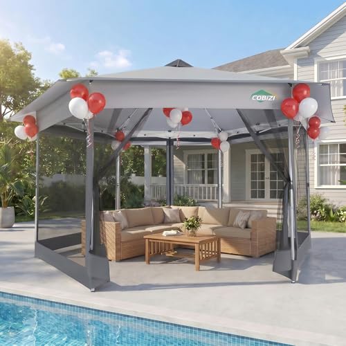 Image of COBIZI 16x16 Pop Up Gazebo Tent with Mosquito Netting, Gazebos on Clearance, Hexagonal Outdoor Canopy Shelter, Patented Center Lock 6-Sided Portable Gazebos, Pop Up Canopy Tent for Backyard, White