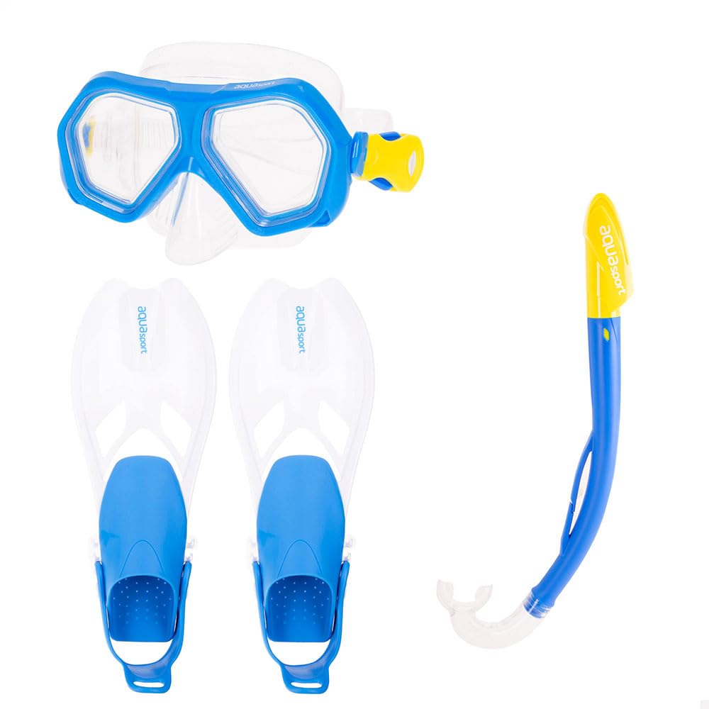 AKTIVE Colorbaby Aqua Sport Diving Masks and Fins for Children, Droplets Mask, Easy Fit, Latex Free, Adjustable Fins 32-37, Splash Tube