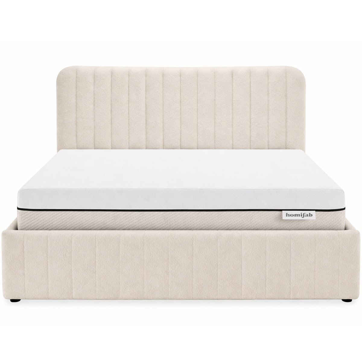 HOMIFAB Ensemble Lit Coffre Adulte 140x190cm avec tête de lit en Tissu bouclé Beige - Ava + Matelas Ressorts ensachés - Spring Elite