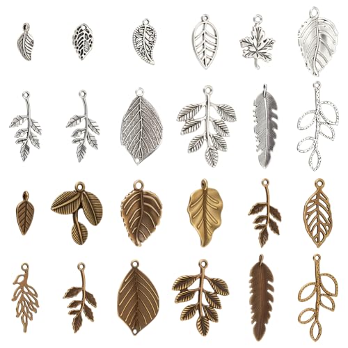 PandaHall 96pcs 14 Arten tibetische Legierungs-Baum-Blatt-Charme-Anhänger-Blatt-Niederlassungs-Korn-Charme für die DIY Armband-Halsketten-Schmucksachen, antikes Bronzesilber