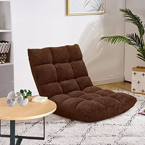 Image of COSTWAY Adjustable Floor Chair, Video Gaming Chairs with Back Support, Alloy Steel Frame, Soft Coral Fleece, Lazy Sofa Lounge for Reading Living Room Recliner for Adults Kids, Brown