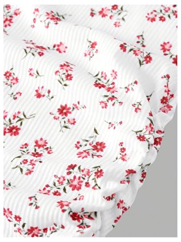 Image of RoseSeek Girl's Ditsy Floral Print Lace T Shirt Short Sleeve Ribbed Ruched Cute Tee Shirts Summer Tops