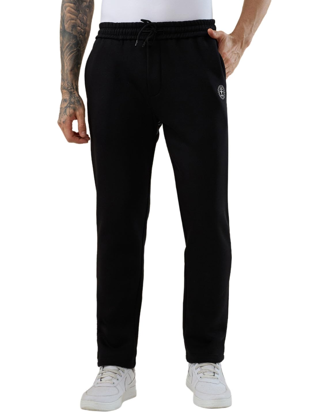 men’s solid regular fit track pants with drawstring waist & contrast side panel